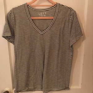 LOFT Black and White Striped V-Neck Short Sleeve Tee